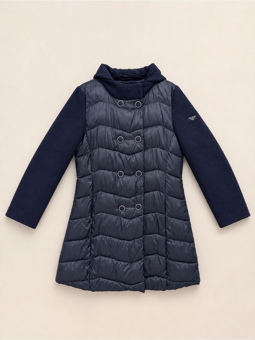 Armani Junior Women’s Navy Quilted Puffer Coat Hooded Jacket 16A / XS-S